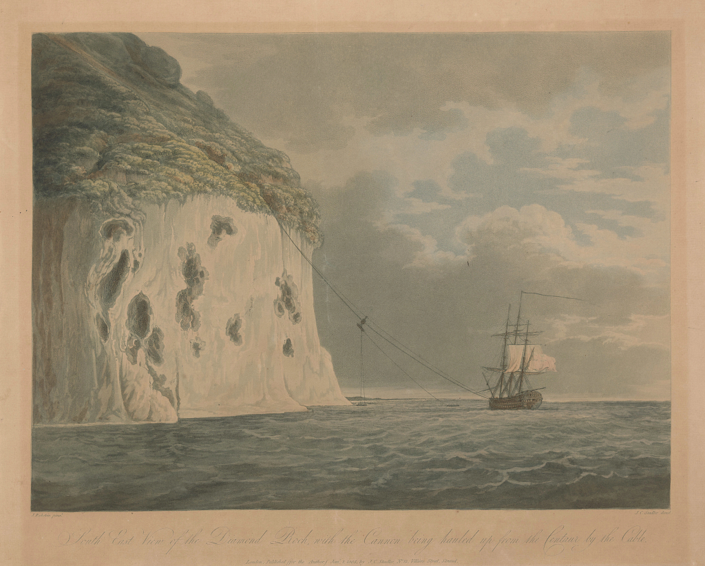 South East View of the Diamond Rock, with the Cannon being hauled up from the Centaur by the Cable.