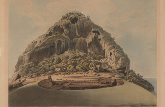 General View of the Diamond Rock from N.E. Side, with the Queen's Battery.