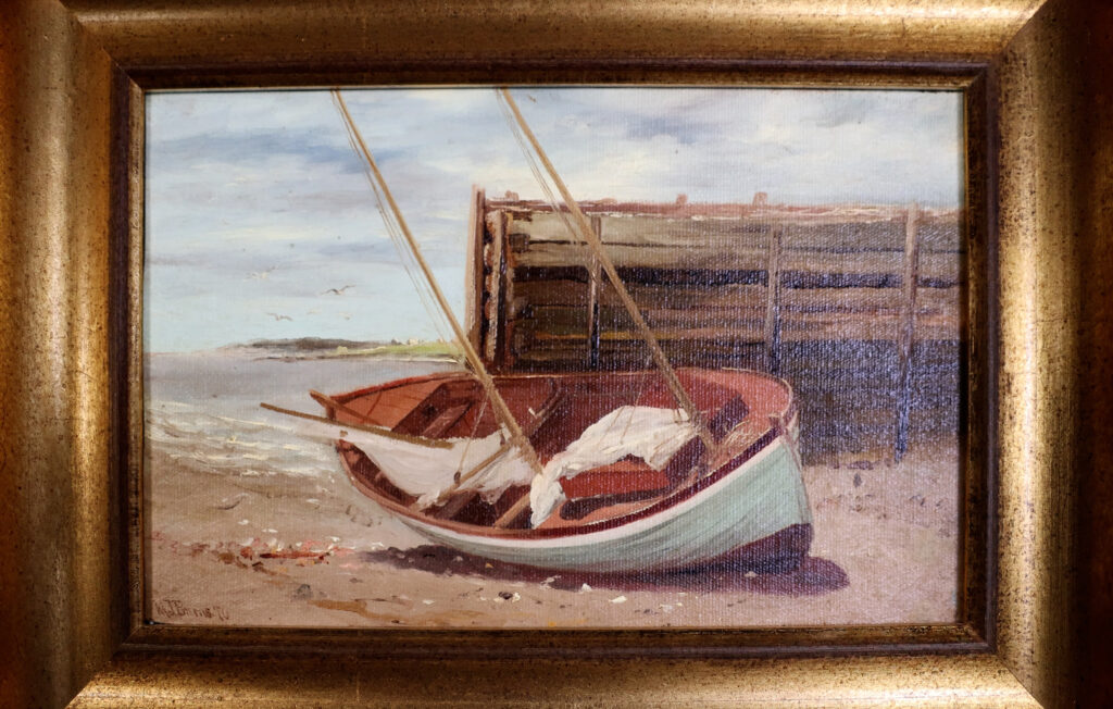 Painting of Beached Boat Near Dock