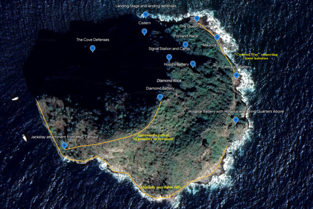 Google Earth image of Diamond Rock showing the placement of the British fortifications. Take special note of the position of the jackstay attachment and the path taken to move the two 18-pound cannons from the cliff face to the summit. Remember! There were no machines and no aircraft, the cannon were moved with the sheer brute force. It’s absolutely astounding to imagine! I don’t think anybody would even attempt it these days.