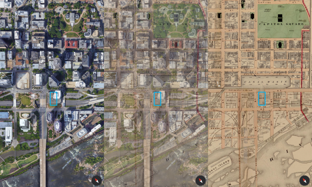 Three maps of the same area of Richmond. Left is satellite imagery, right is an illustrated map, and the center is an overlay of the two. A blue square appears on each map, marking a portion of the canal basin on the illustrated map, and portions of a parking lot and the Williams Mullen building on the satellite imagery.