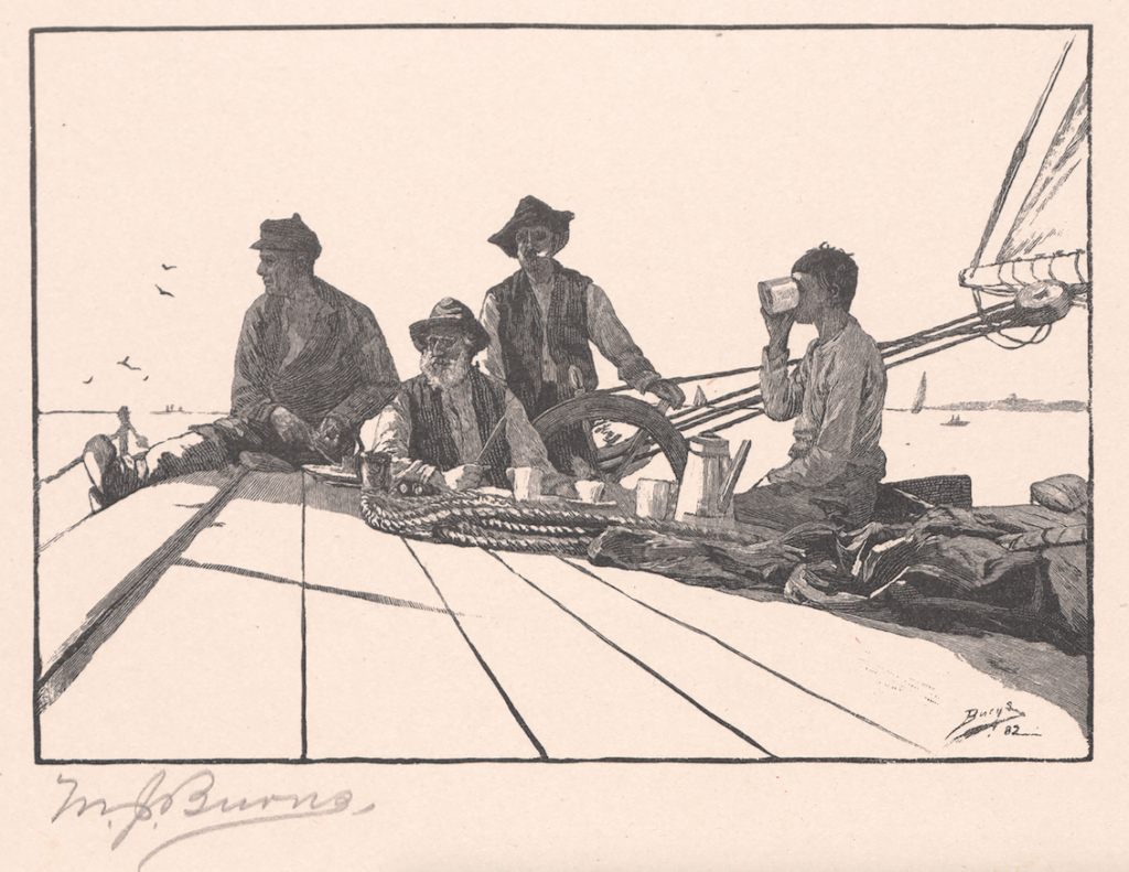 Four men on deck of sailboat with meal