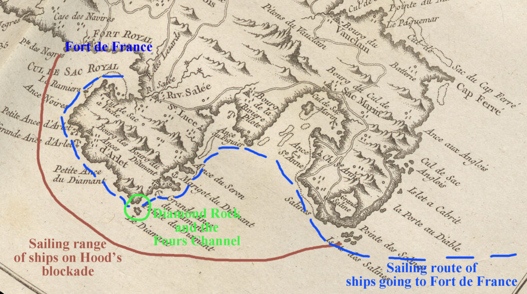 Hood’s blockade, the merchant sailing route, and the location of Diamond Rock and the Fours Channel.