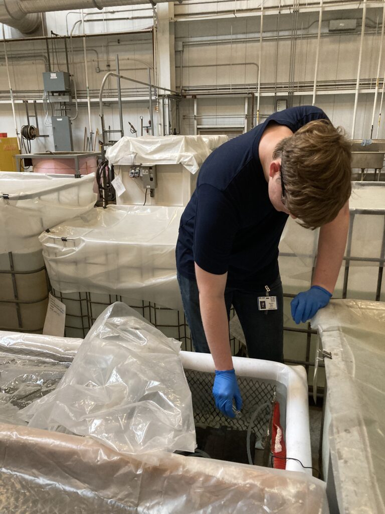 Image of Conservation intern Harrison Biggs dipping a glass vial into one of the treatment tanks in the wet lab.