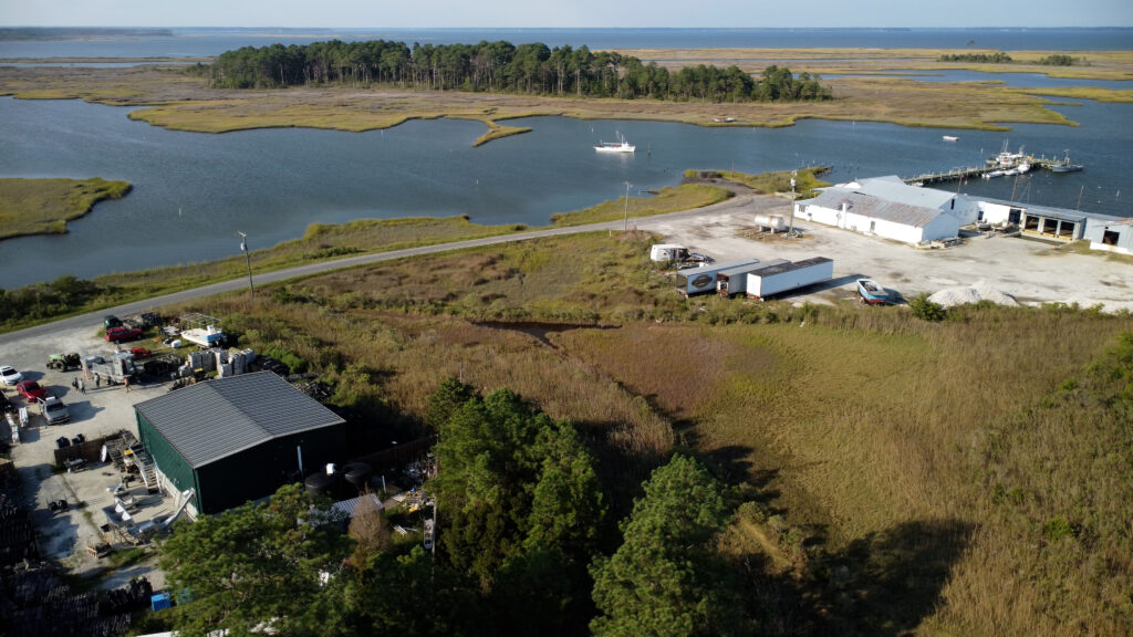 Aerial view from above the Matheson Oyster Co.’s warehouse (green building) and a portion of the historic waterfront with boat dock