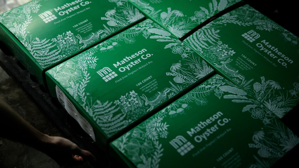 Closeup of a palette of branded 100-count boxes of oysters from Matheson Oyster Co.
