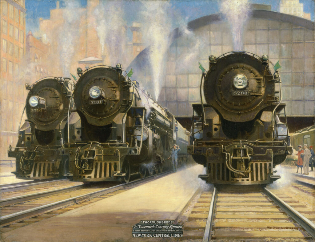 Oil painting of 3 trains.