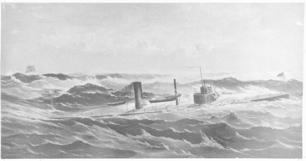 black and white painting of USS Manhattan