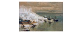 Oil painting of the battle of Mobile Bay.