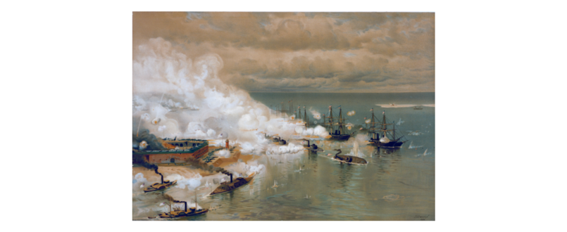 Oil painting of the battle of Mobile Bay.