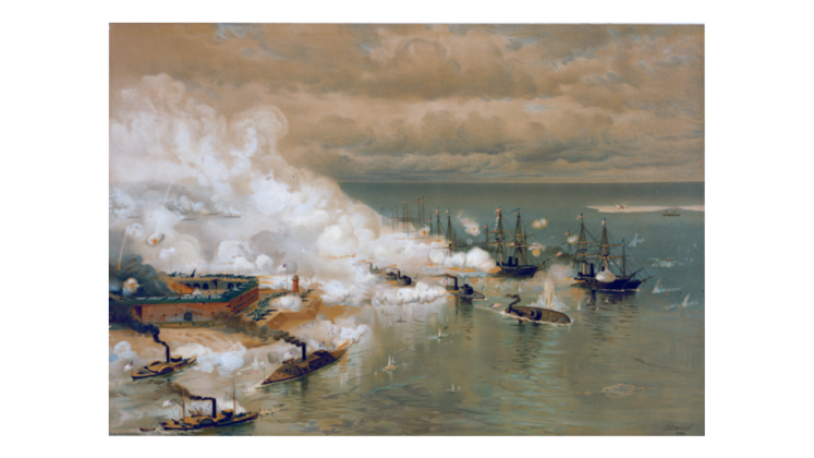 Oil painting of the battle of Mobile Bay.