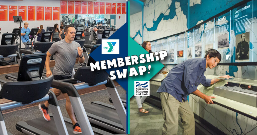 2 photos: man running on treadmill, student looking at a ship model. Membership Swap words in the middle.