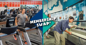 2 photos: one man running on treadmill, other of boy looking at ship model