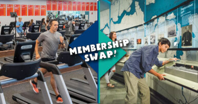 2 photos: one man running on treadmill, other of boy looking at ship model