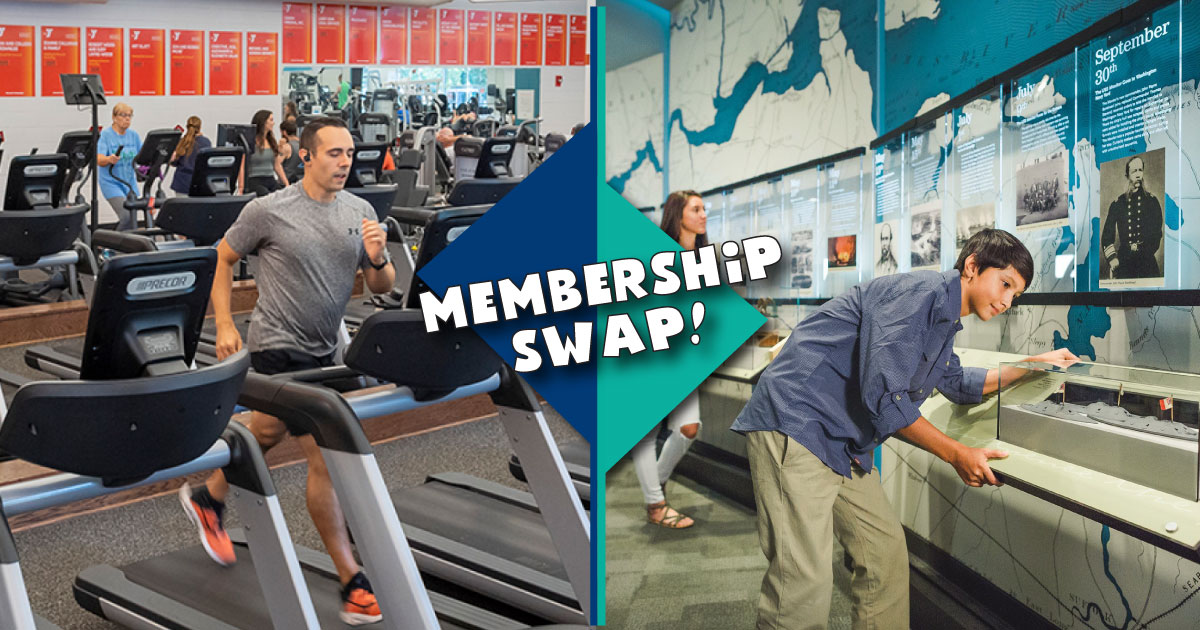 2 photos: one man running on treadmill, other of boy looking at ship model