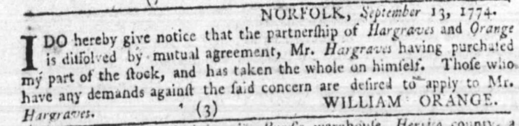 A document from William Orange dated September 13, 1774, announcing the dissolution of Hargraves and Orange.