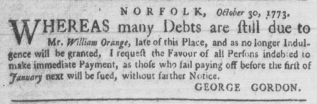 A document from George Gordon, dated October 30, 1773, requesting payment from William Orange's debtors.