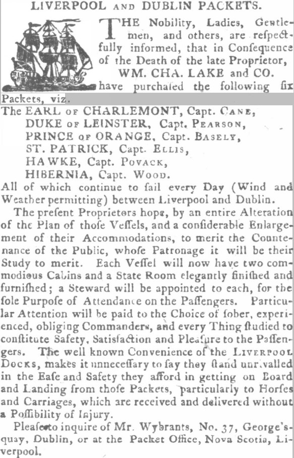 An antique paper with the title: Liverpool and Dublin Packets