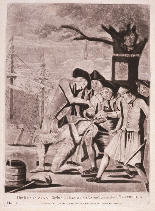 Five smiling men force a distressed tarred and feathered man to drink from a container.