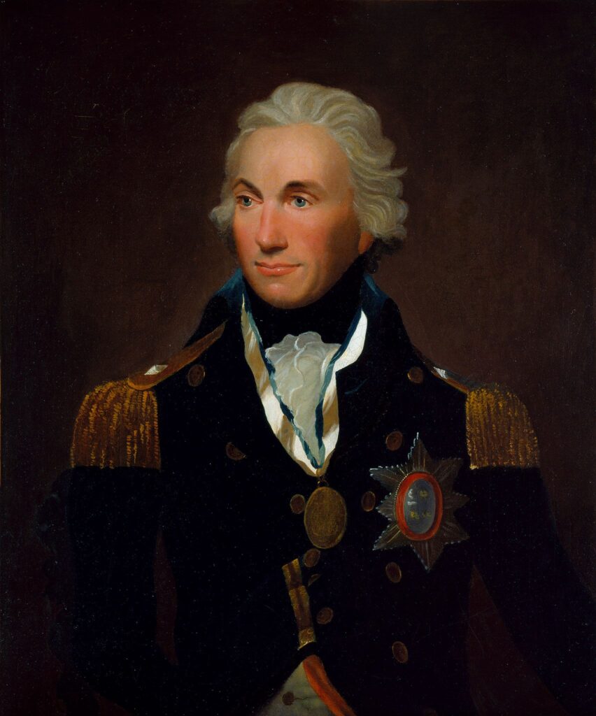 An oil painting shows a man with gray hair dressed in uniform.