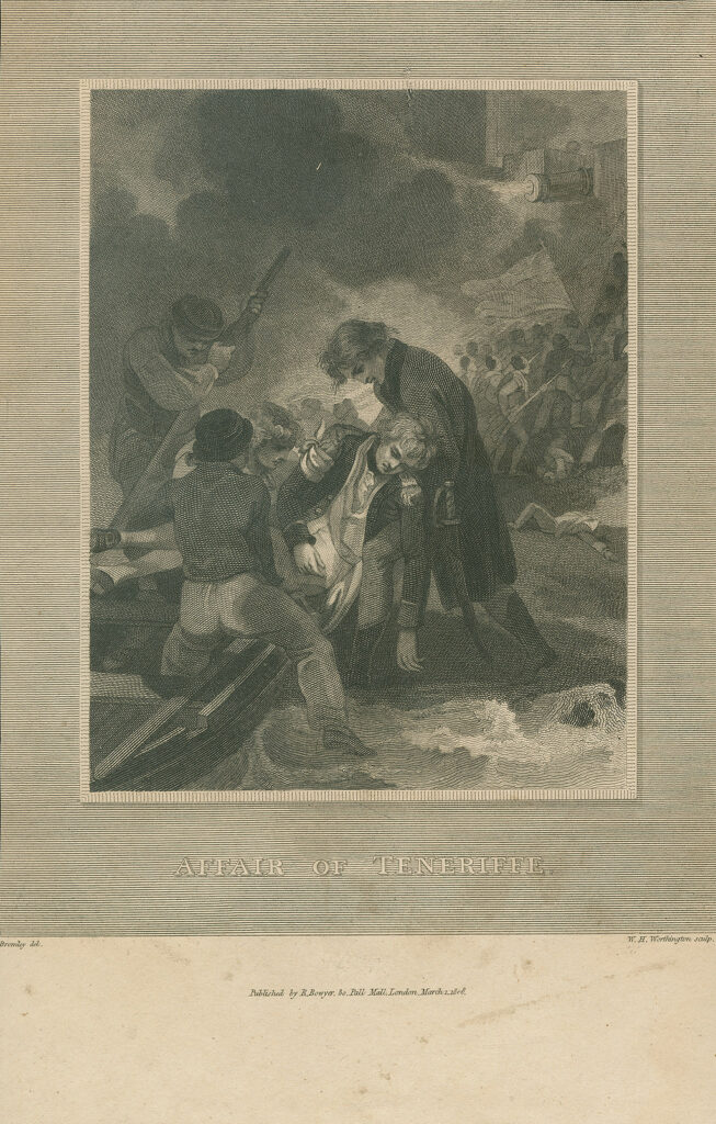 Four men surround a man in uniform who is slumped over as they pull him out of a boat. In the background, a group of people are raising a flag.