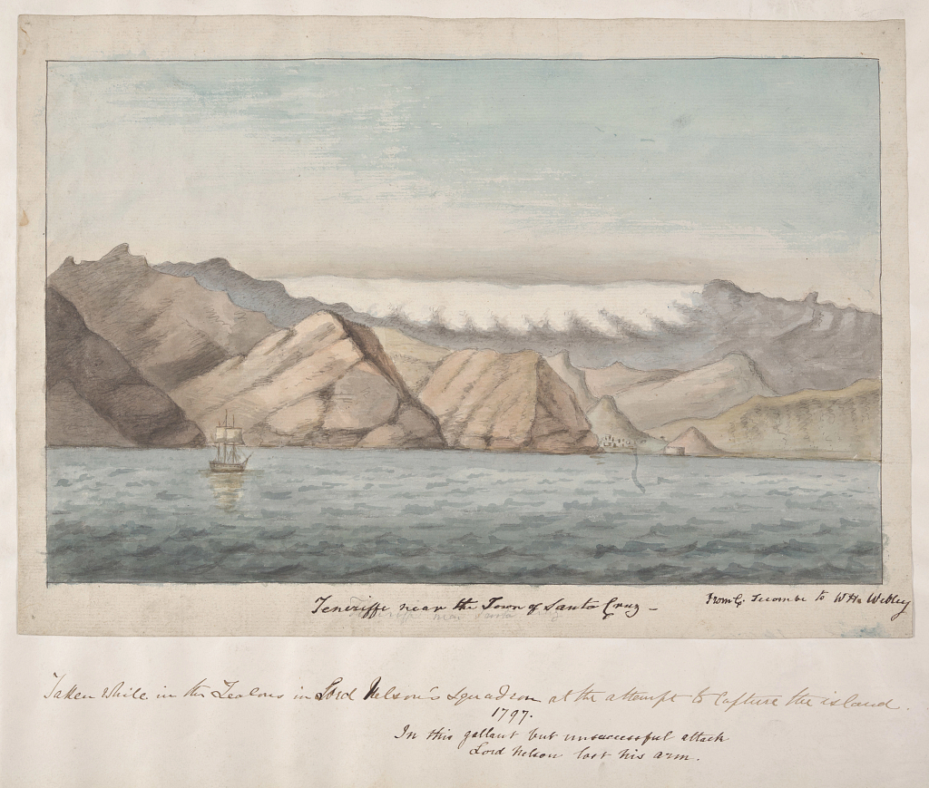 A watercolor of mountains rising above water. A vessel is sailing in the water.