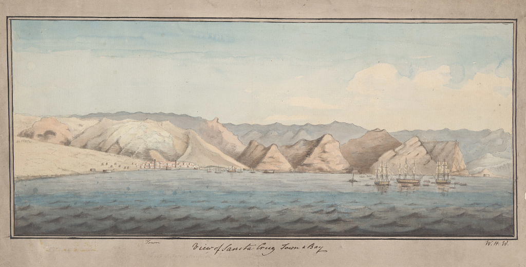A watercolor of mountains rising above the water with a beach to the left. Multiple vessels are sailing in the water.