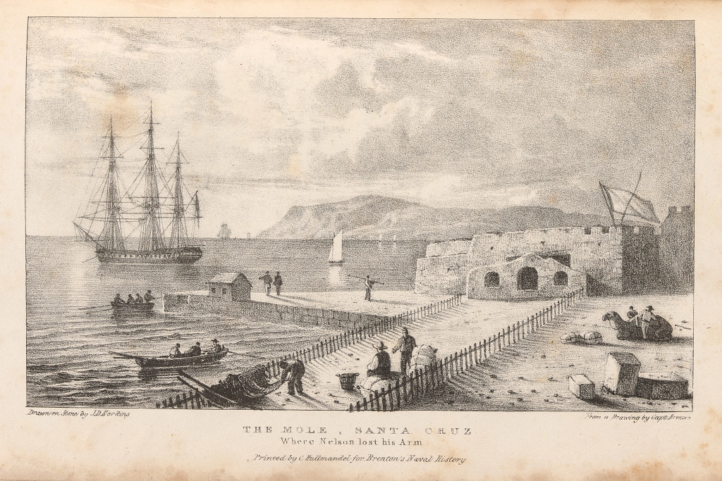 A ship, a sailboat, and 2 canoes are on the water by a fort with mountains in the background. The fort hoists a flag and a camel rests on the sand. Men are working and talking on the shore.