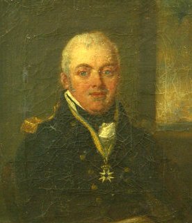 A uniformed man with gray hair and blue eyes sits for a painting.