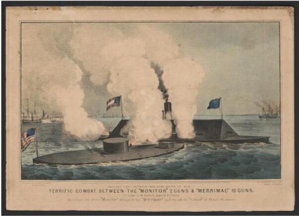 Two ships doing battle in the water. Other ships surround the fray.