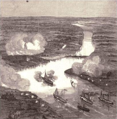 Several ships sail down a narrow body of water amid smoke plumes arising from the surrounding land.