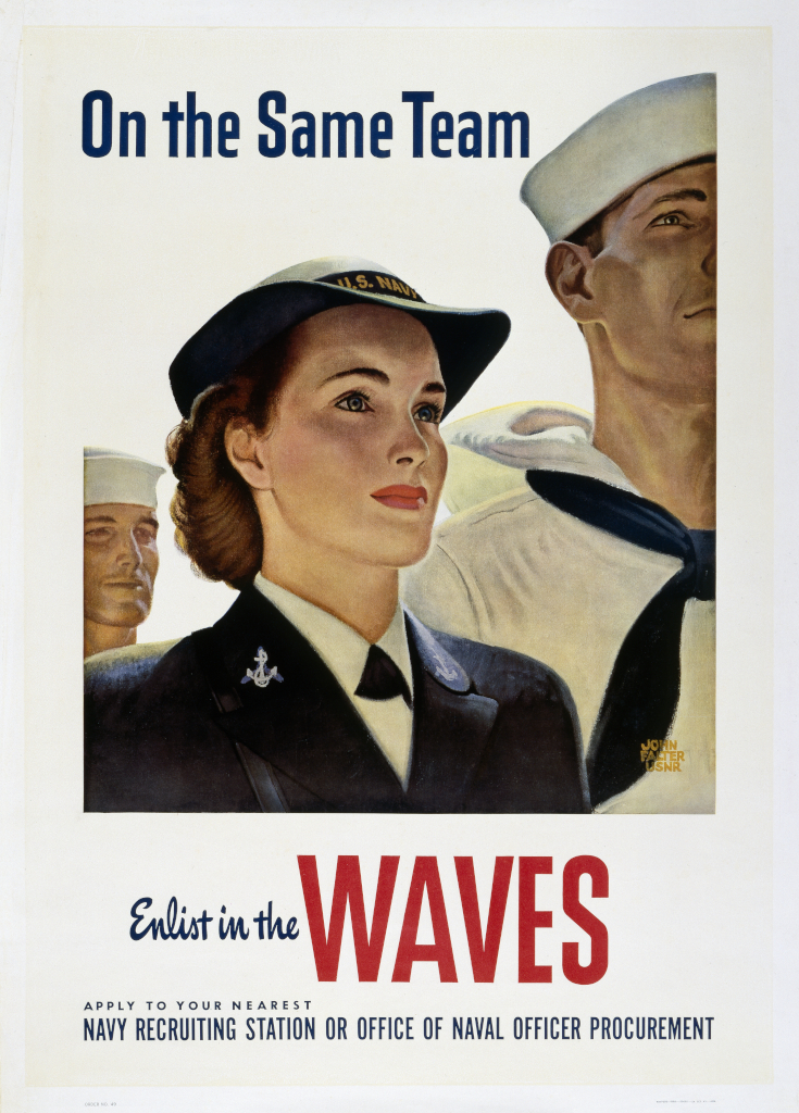 An illustrated poster including the words: On the same Team. Enslist in the WAVES. A woman in uniform is the focus, with two male sailors in the background.
