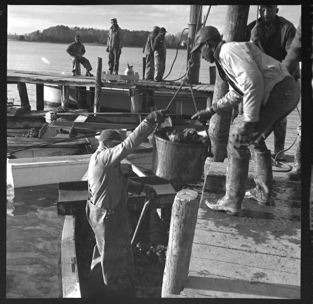 A man stands in the water handing a bucket to a man on a platform. Other men watch from a dock