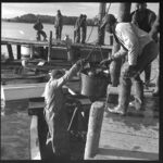 A man stands in the water handing a bucket to a man on a platform. Other men watch from a dock