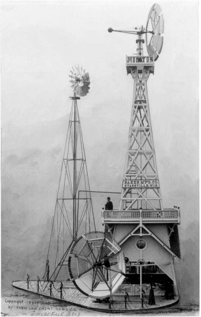 Black and white image of a rotary windmill.