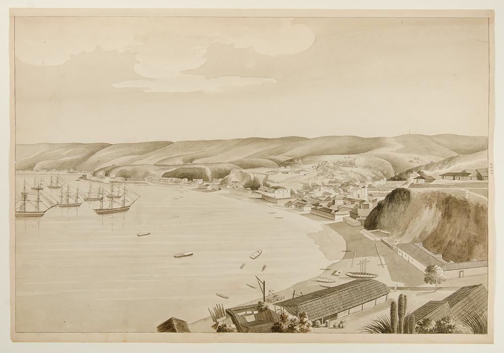 Painting of a shoreline with several ships in the water.
