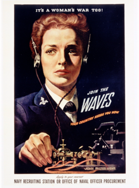 Poster of a woman in uniform with headphones on operating a telegraph with the text: Join the Waves.