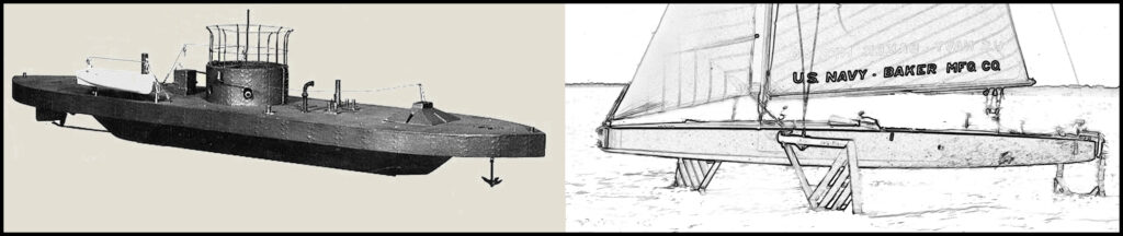 Side by side images of an ironclad ship and a sailboat.