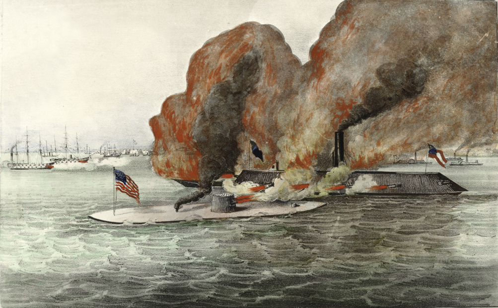 Color painting of two ships battling in the water.