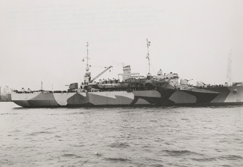 Black and white photograph of naval landing ship in the water.