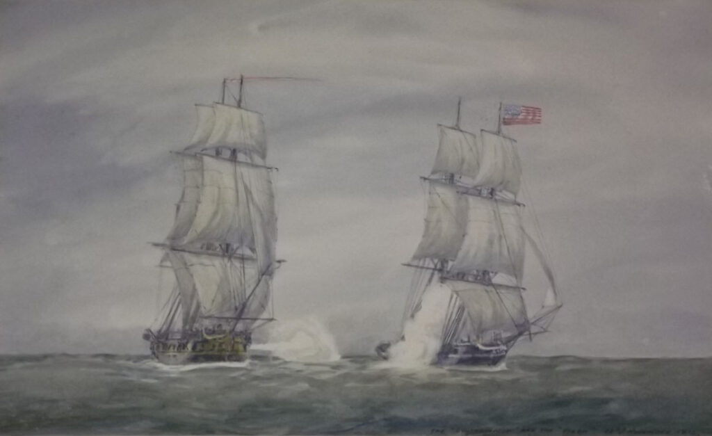 2 ships battle on the water.