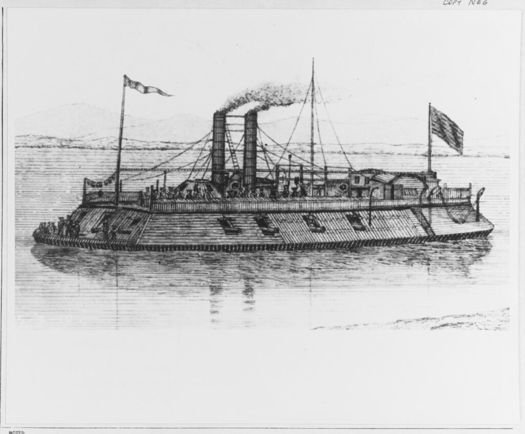 Black and white drawing of the USS Cairo battleship in the water.