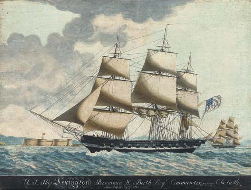 Painting of 2 ships float on the water in front of a castle.