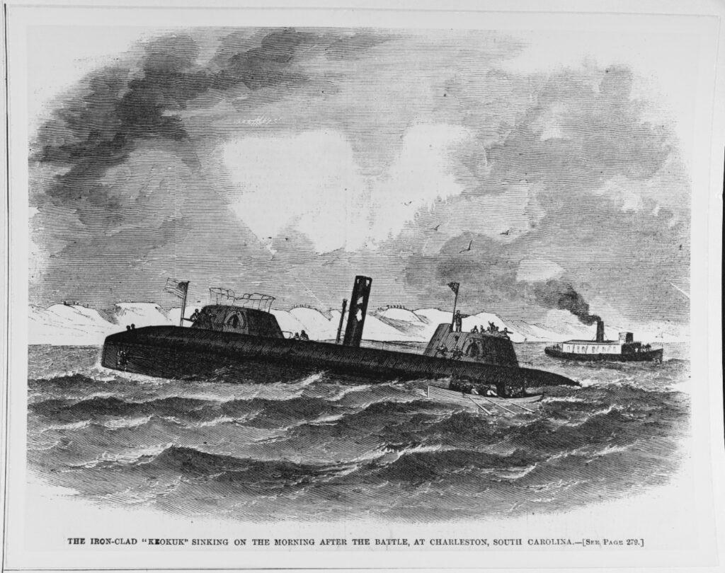 Black and white drawing of the USS Keokuk battleship sinking into the water after battle. There is another battleship in the background.