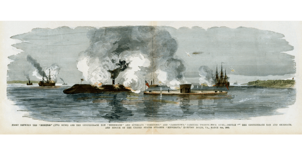 Colored artwork of a naval battle in Hampton Roads. Two ironclads ships and five other ships in the background.