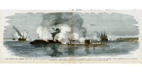 Colored artwork of a naval battle in Hampton Roads. Two ironclads ships and five other ships in the background.