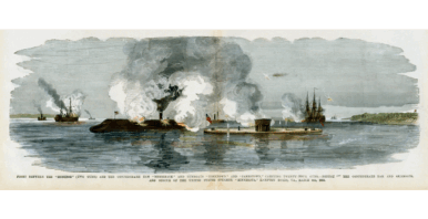 Colored artwork of a naval battle in Hampton Roads. Two ironclads ships and five other ships in the background.