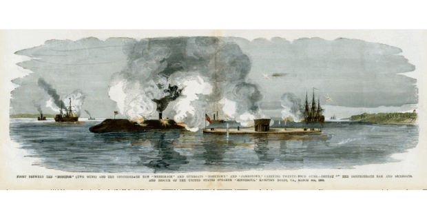 Colored artwork of a naval battle in Hampton Roads. Two ironclads ships and five other ships in the background.