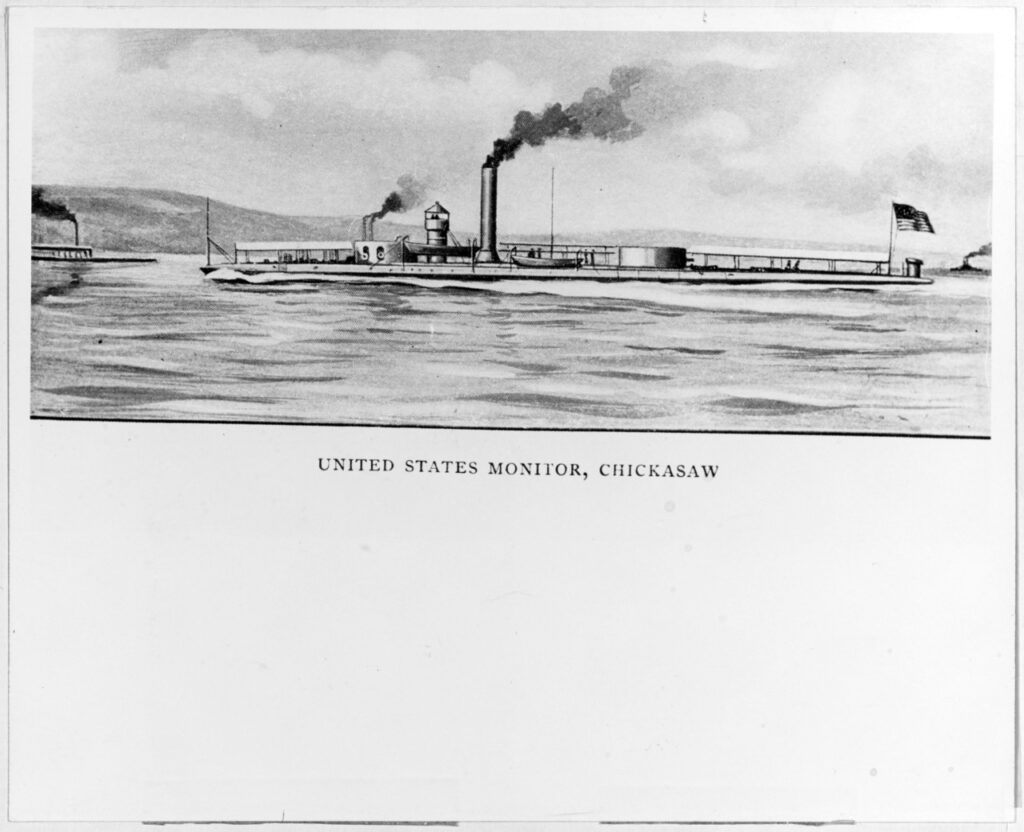 Black and white drawing of the USS Chickasaw battleship in the water.