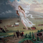 Artwork displaying the countryside with mountains and the waterfront in the background. In the painting there are buffalos running, horses and carriages, two trains traveling through, boats in the water, a group of farmers, and a group of Native Americans. In the center of the painting there is a women floating in a white dress holding a book.